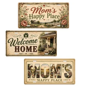 Vintage Farmhouse License Plate Style Metal Sign Mom’s Happy Place Welcome Home Floral Cottage Wall Decor