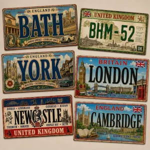 Vintage UK City Metal License Plate Tin Sign Rustic Retro Metal Sign Old Fashioned Bar Garage Wall Decor Metal Sign
