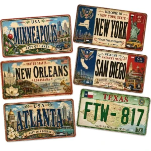 Vintage USA City Metal License Plate Tin Sign Rustic Retro Metal Sign Old Fashioned Bar Garage Wall Decor Metal Sign