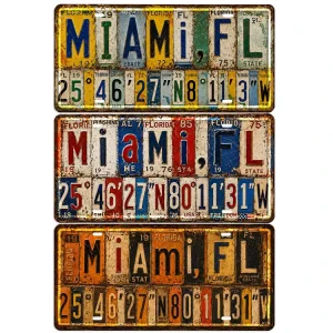 Vintage USA Miami Metal License Plate Tin Sign Rustic Metal Sign Old Fashioned Beach Bar Garage Wall Decor Metal Sign