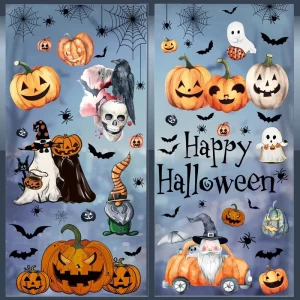 Watercolor Halloween Window Decals Pumpkin Ghost Gnome Raven Spider Bat Happy Halloween Static Stickers For Glass Door