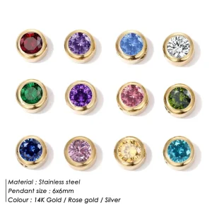 Waterproof 12 Month Birth Stone 14K Gold Stainless Steel 6MM Crystal Birthstone Pendant Charm for Jewelry Accessories