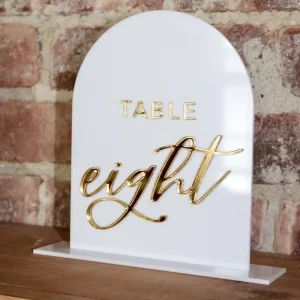White 5×7 Inch Eco Friendly UV Printed Acrylic Arch Table Sign Stands