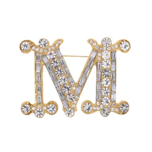 Women Letter M Initial Brooches Cute Monogram Brooch with Crystals