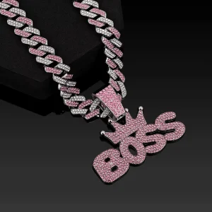 Women’s Bling Full Pink Crystal Gold Plated Crown Pendant Cuban Chain Hip Hop Streetwear Party Necklace