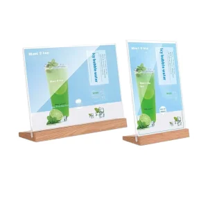 Wood Base Sign Holder Horizontal Vertical Clear Acrylic Table Display Stand with Solid Beech Wood for Retail Counter Commercial