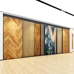 Wooden Flooring Display Rack Flat Pull Type Metal Floor Sample Stand Showroom Exhibition Shelf