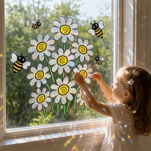 XC19002 Colorful Flat Daisy and Little Bee Window Decal Sun Catching Color Changing Static Glass Sticker Wall Decoration