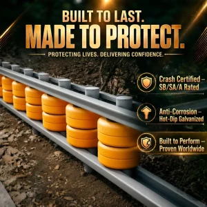 Yellow PU Coated Rolling Safety Barrier Highway Anti Crash Roller Guardrail System With Reflective Stickers For Night Driving