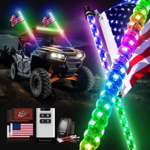 YiLaie 2PCS 2FT 3FT Whip Lights with Flag RF Remote Control 360 Spiral Dancing Chasing Light Antenna Led Whip Lights for UTV ATV