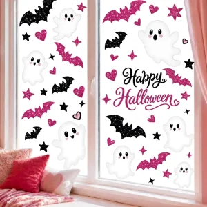 cute pink glitter halloween window decals cartoon ghost bat heart star happy halloween static stickers for girls bedroom glass