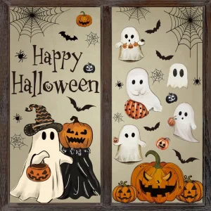 vintage happy halloween window decals cute ghost witch hat pumpkin bat spider static stickers for glass door home shop
