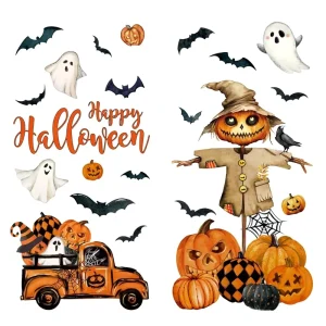 watercolor halloween window decals scarecrow vintage truck pumpkin ghost bat happy halloween static stickers for glass door home